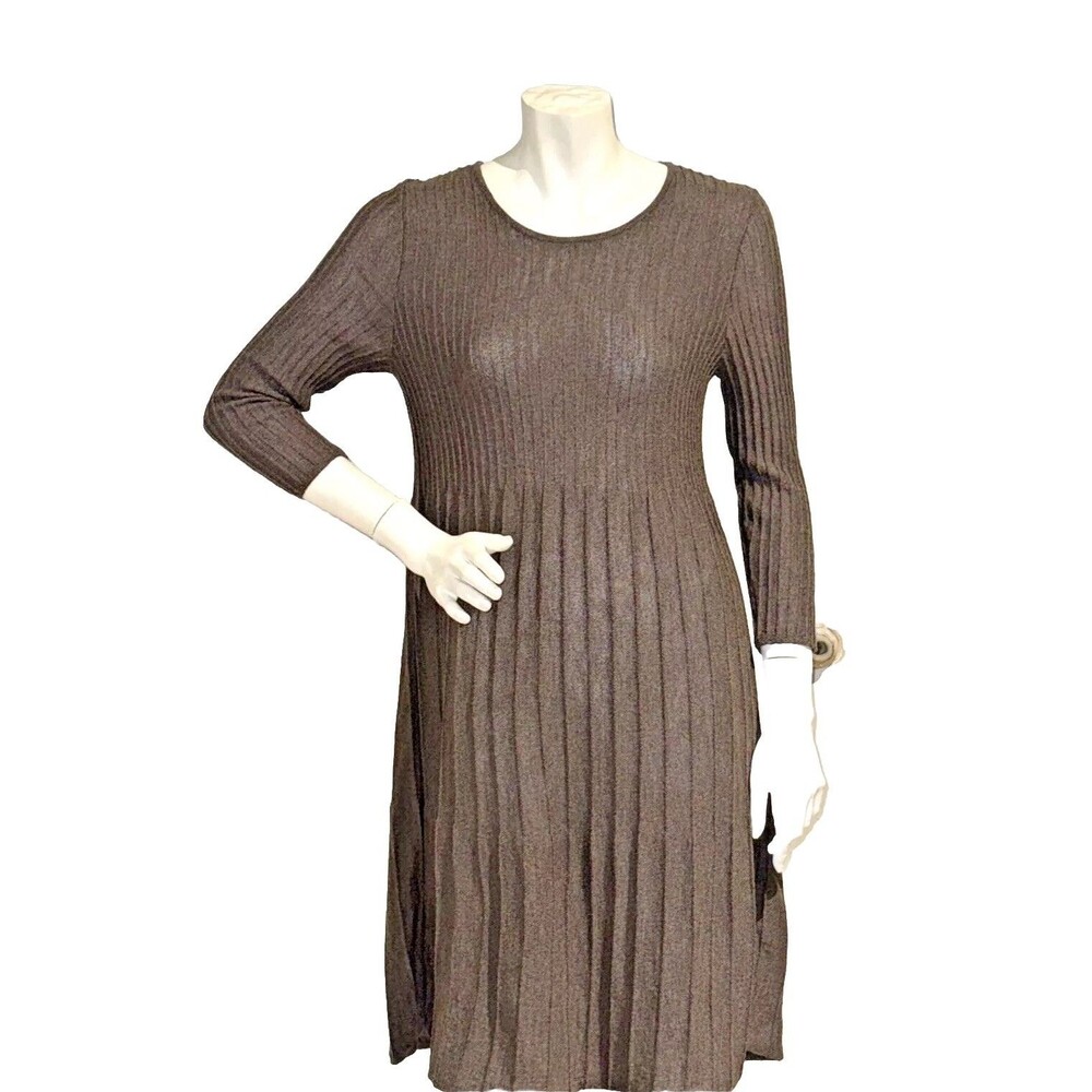 🖤EILLEEN FISHER Gray Wool Rib Pleated Dress XS Lagenloook Quiet Luxury Preppy